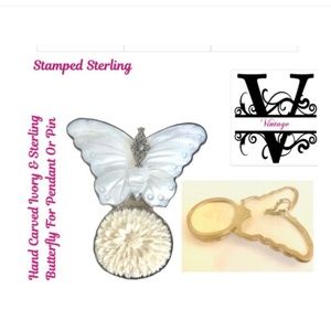 Vintage Hand Carved Ivory Butterfly & Flower Sterling Silver / Brooch  Necklace